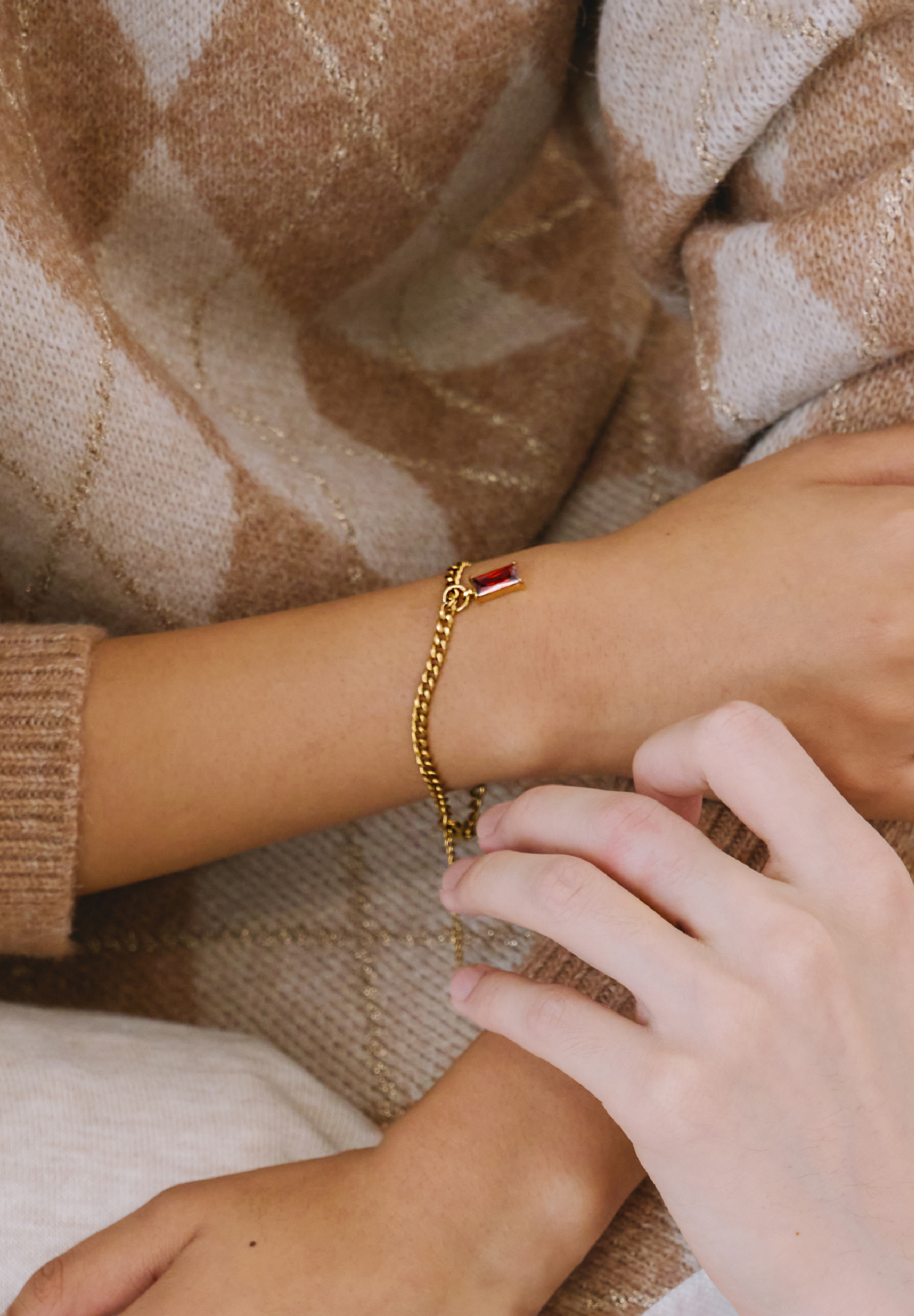 Verity Ruby Pendant Gold with Curb Chain Bracelet