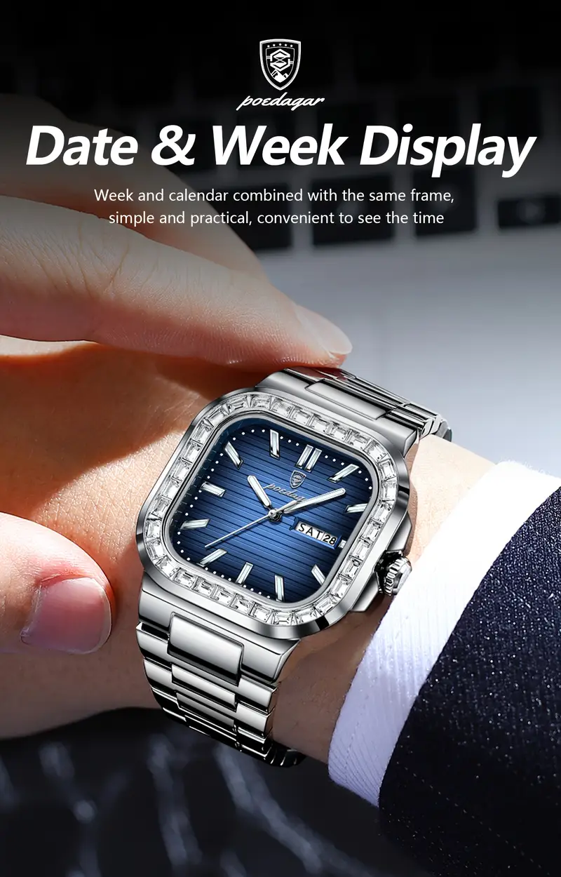 1pc mens square case quartz wristwatch 3atm water stainless luminous hands calendar function business watch details 1