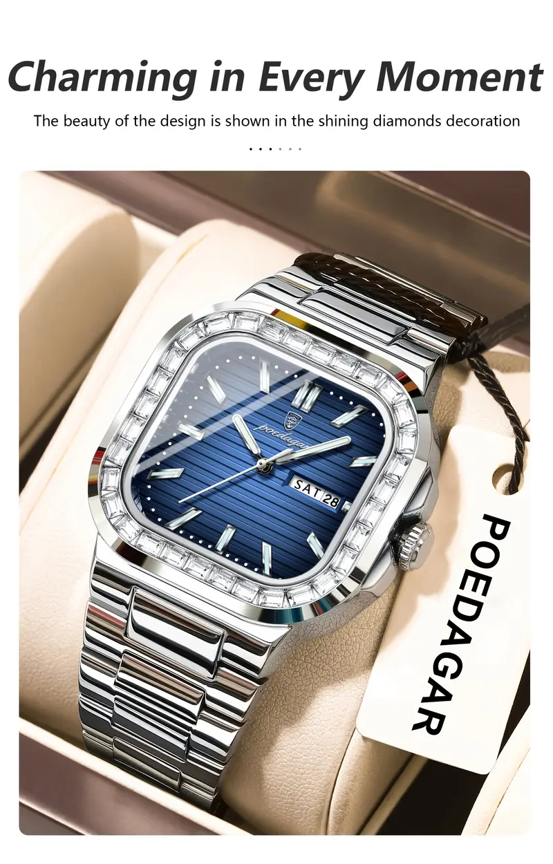 1pc mens square case quartz wristwatch 3atm water stainless luminous hands calendar function business watch details 2