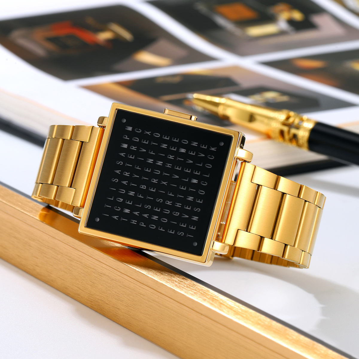 Creative LED letter display square steel strap watch