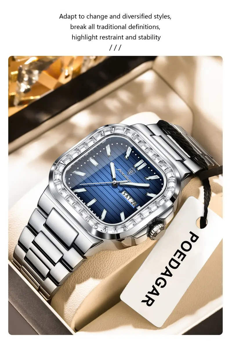 1pc mens square case quartz wristwatch 3atm water stainless luminous hands calendar function business watch details 3