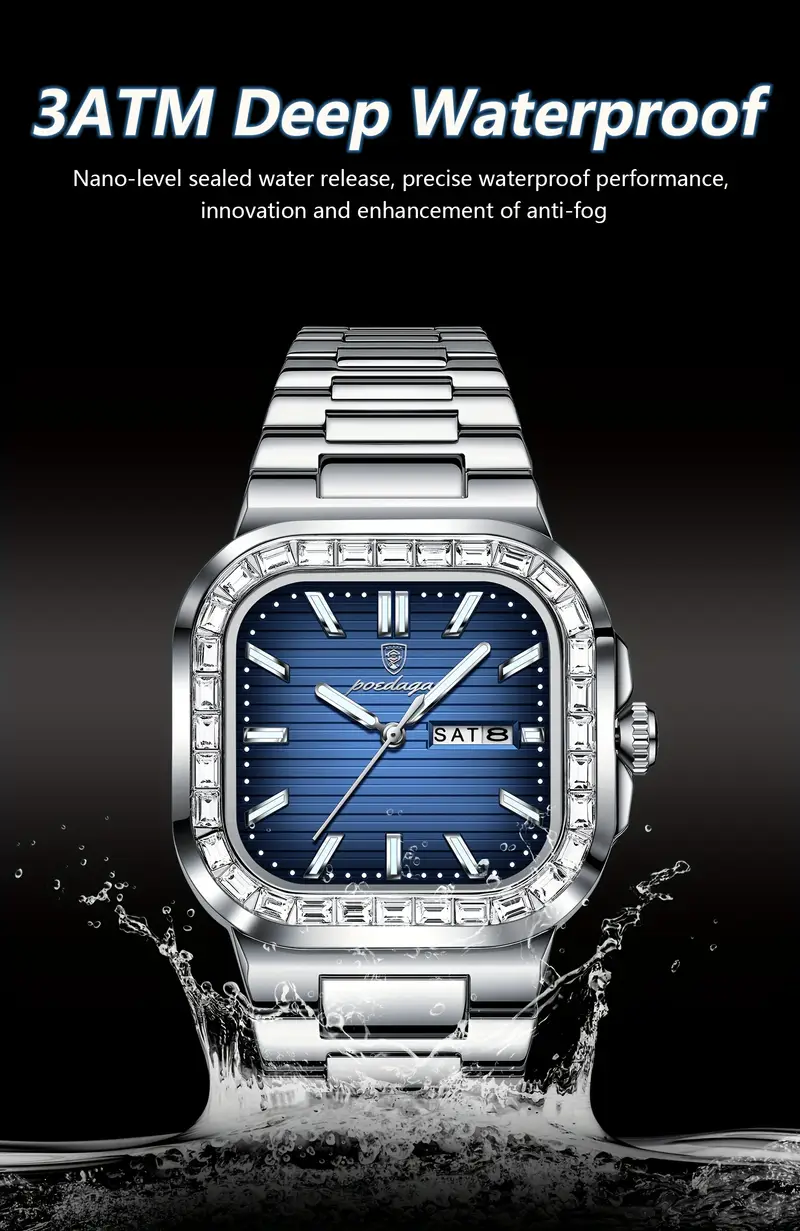 1pc mens square case quartz wristwatch 3atm water stainless luminous hands calendar function business watch details 6