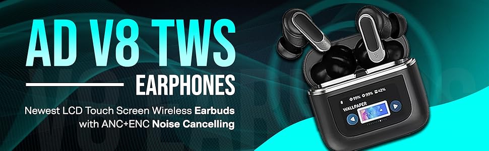 V8 TWS Earphones 2024 Newest LCD Touch Screen Wireless Earbuds