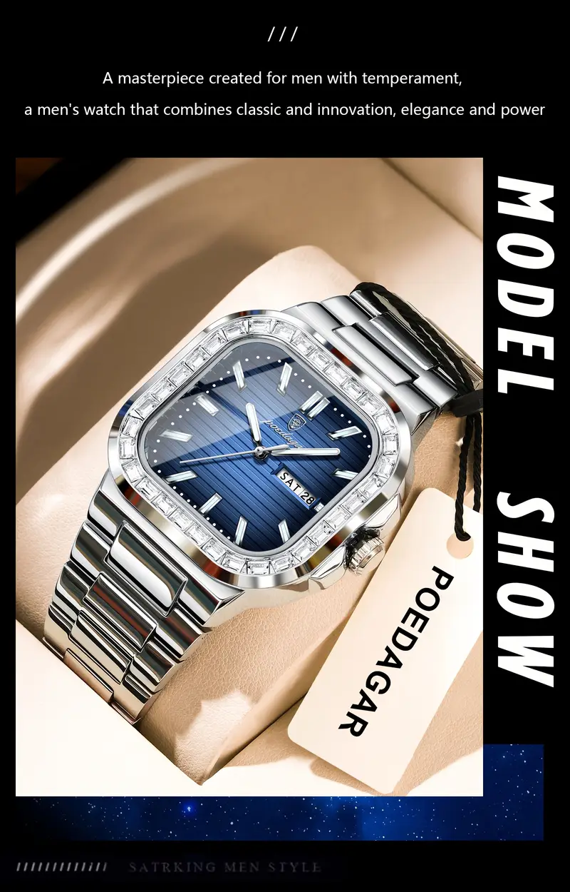 1pc mens square case quartz wristwatch 3atm water stainless luminous hands calendar function business watch details 5