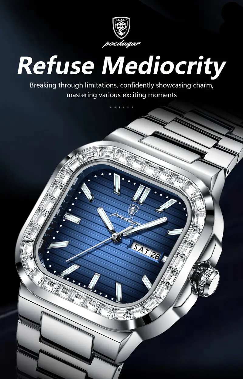 1pc mens square case quartz wristwatch 3atm water stainless luminous hands calendar function business watch details 0