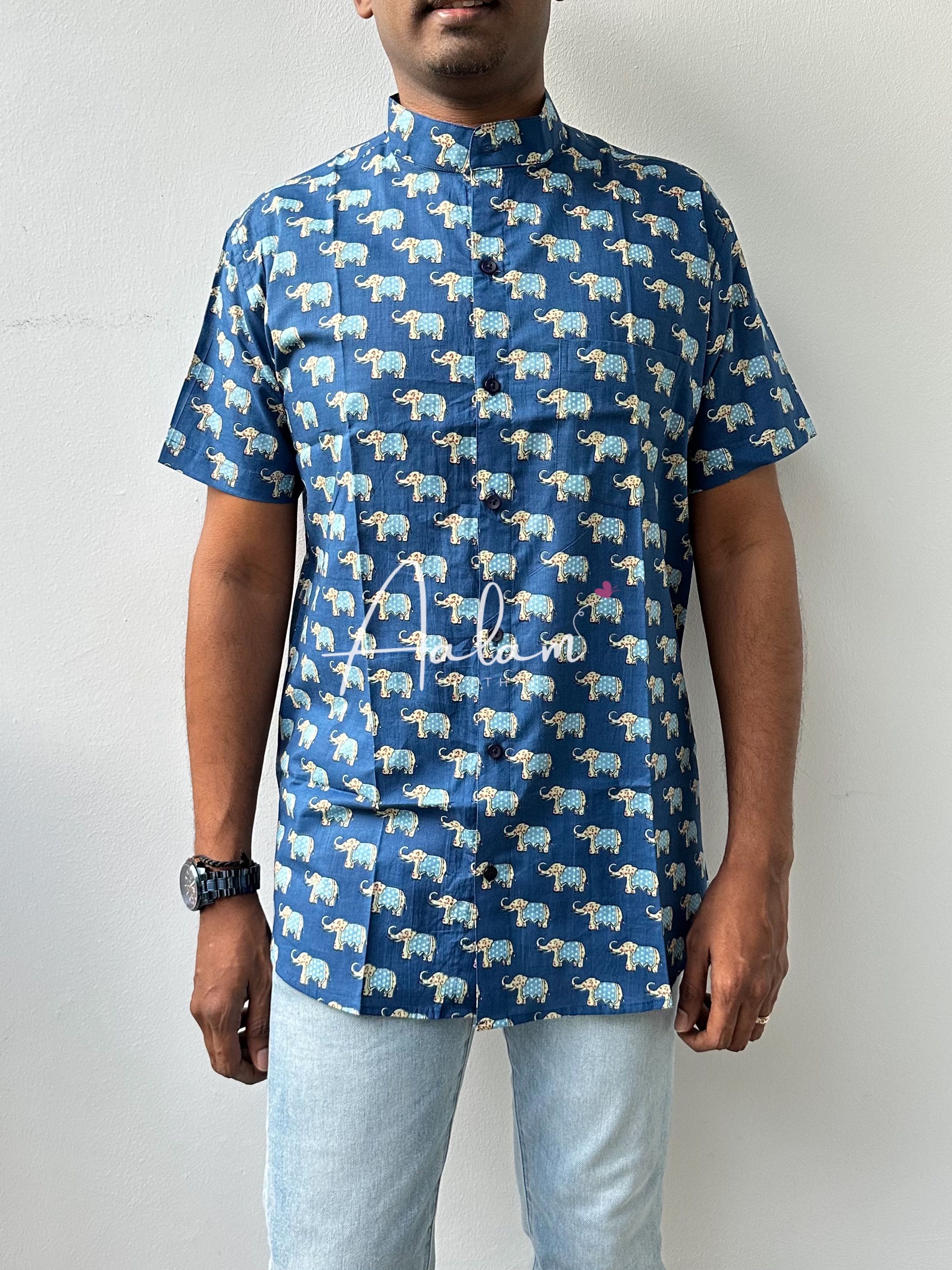 Men Short Sleeve Shirt - Blue Elephant Prints