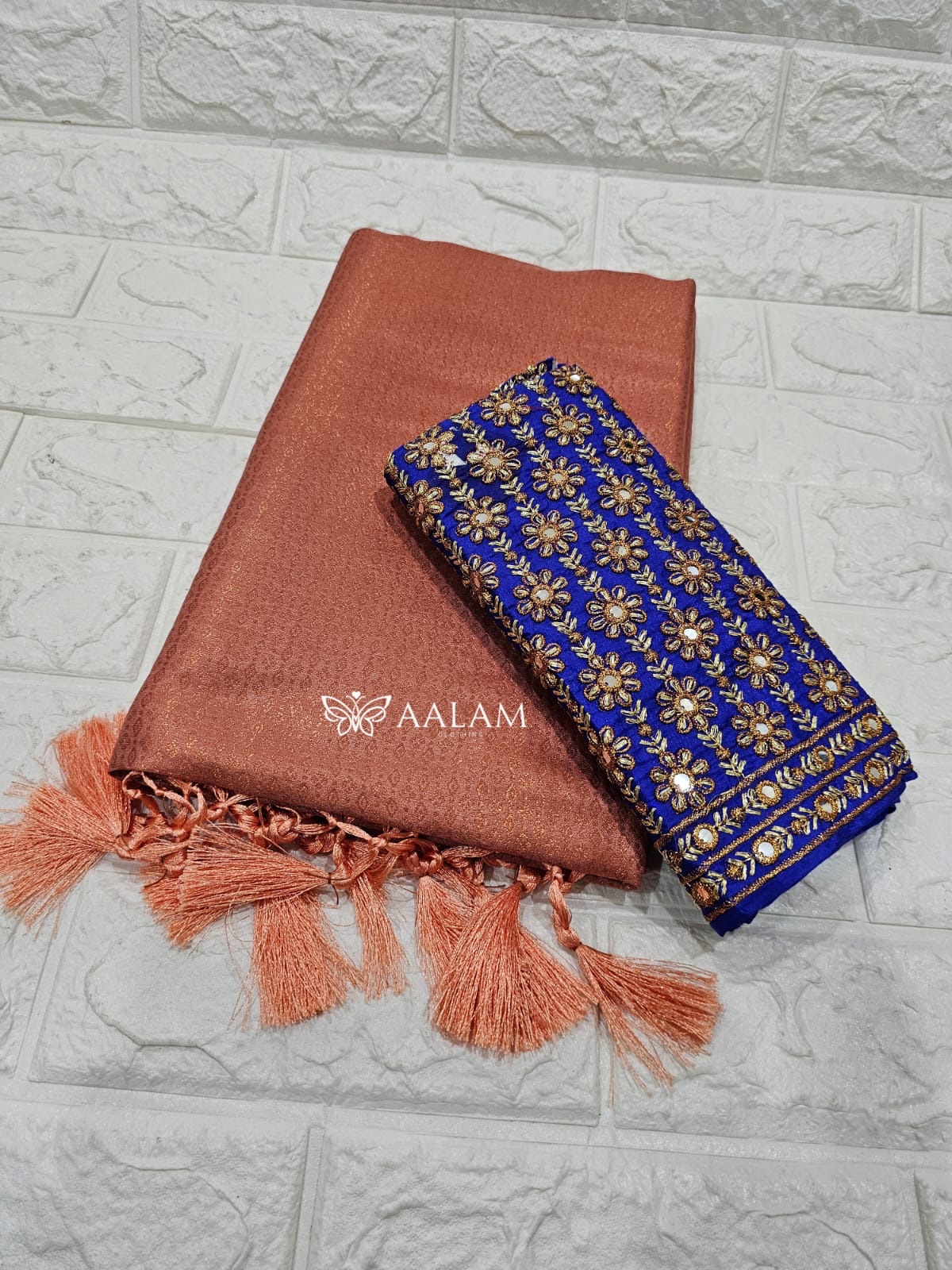 Kubera Silk Saree w Aari blouse - Copper & Royal blue