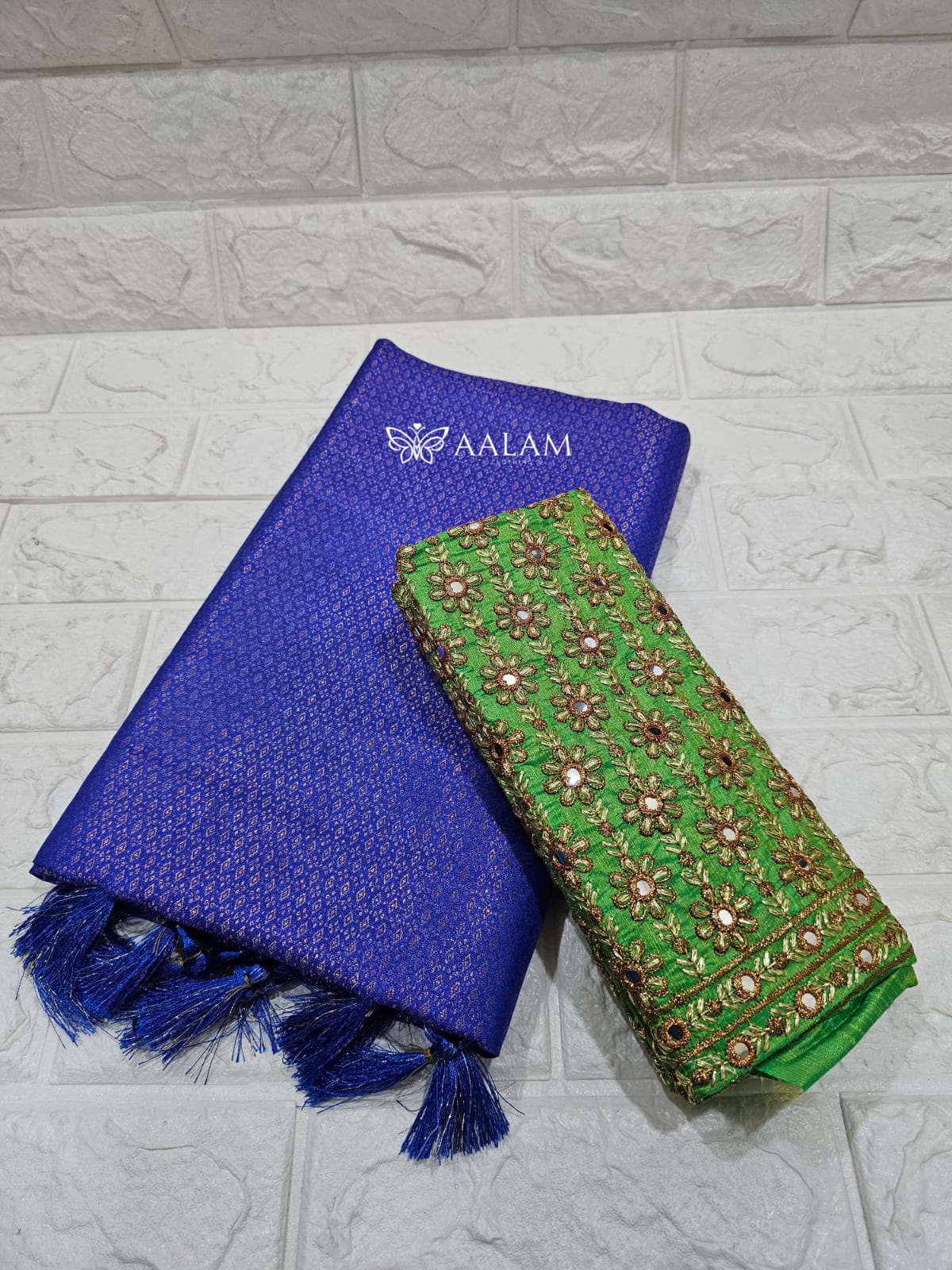 Kubera Silk Saree w Aari blouse - Royal Blue & Lime Green
