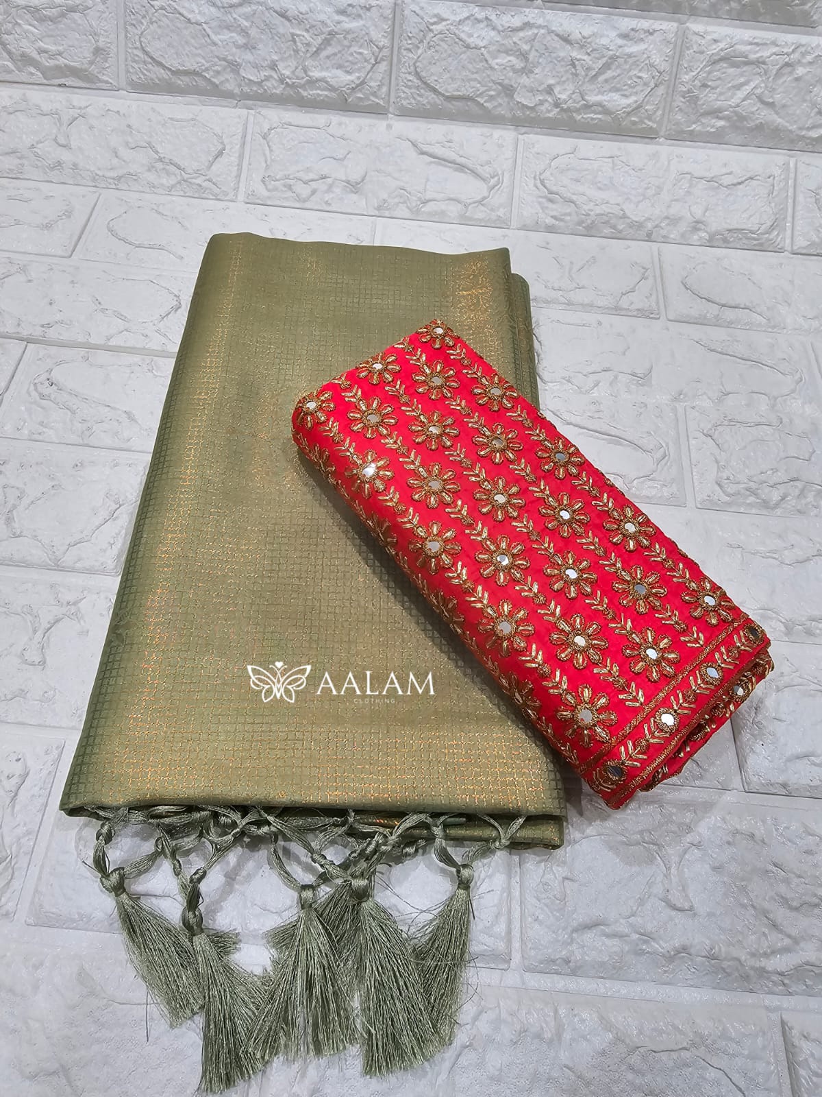 Kubera Silk Saree w Aari blouse - Sage & Chilli Red