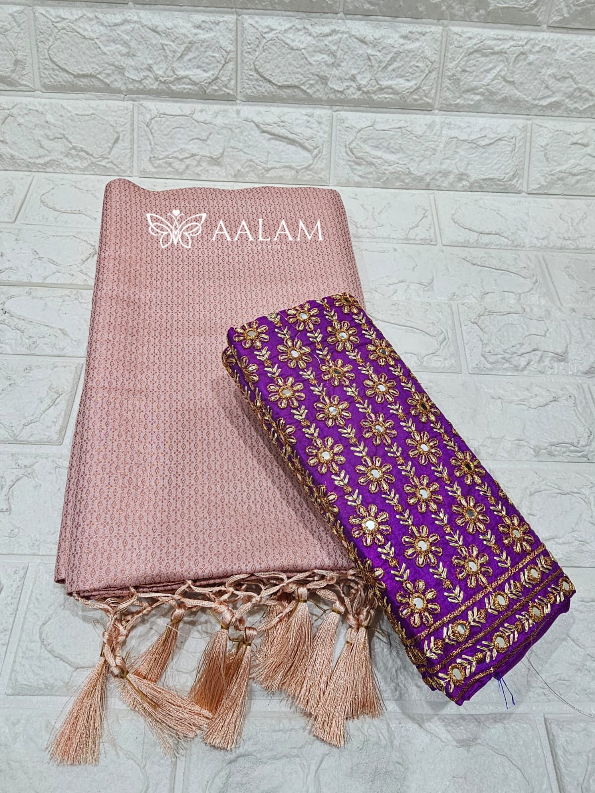 Kubera Silk Saree w Aari blouse - Rose Gold & Purple