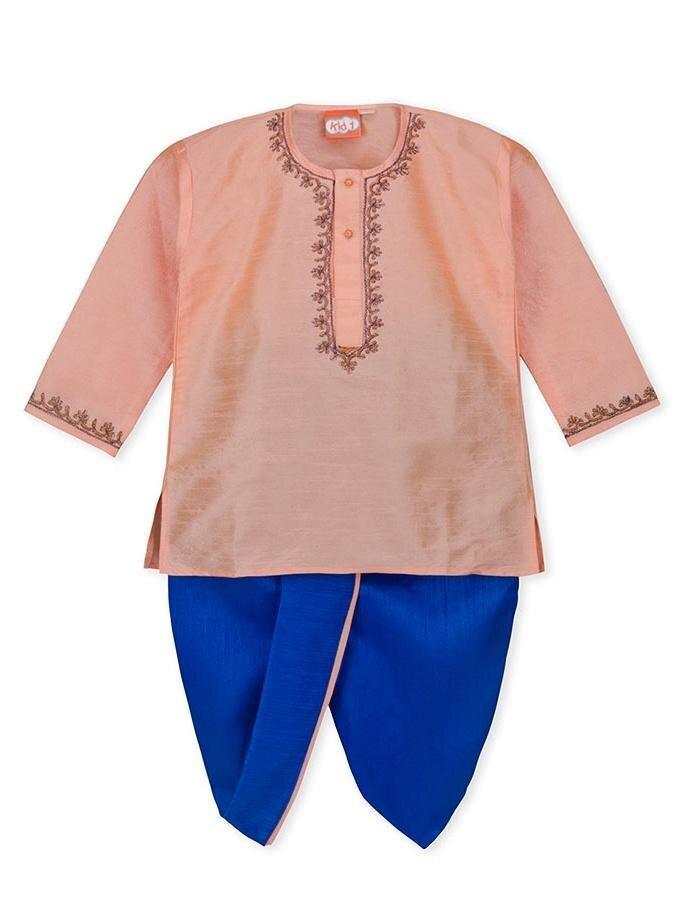 Beige Embroidered Kurta with Electric Blue Dhoti - AALAM