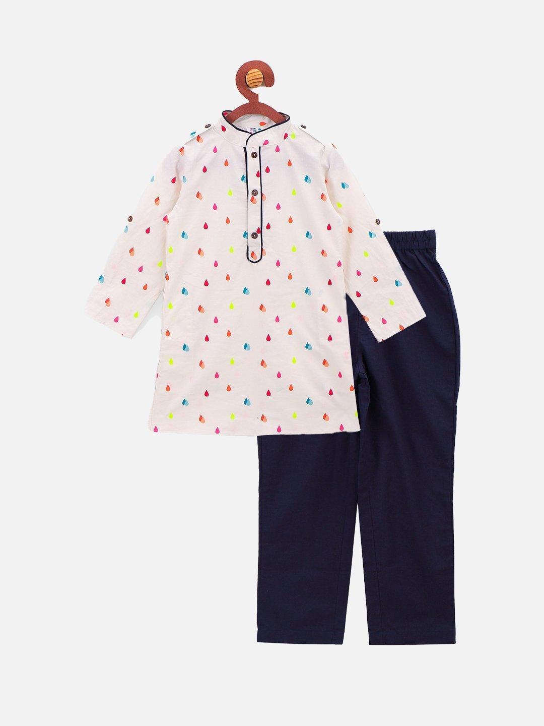 Droplets Print Kurta Pajama Set - Off-White & Navy Blue - AALAM