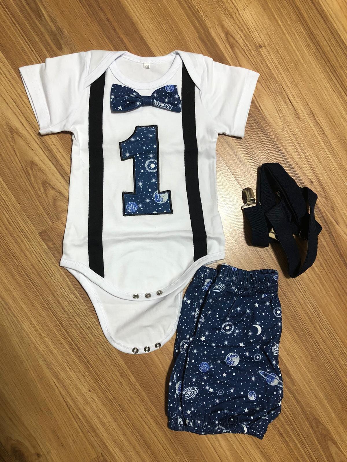 2-Pieces Baby Planet Print Set Bowknot Bodysuit & Overall Shorts - AALAM