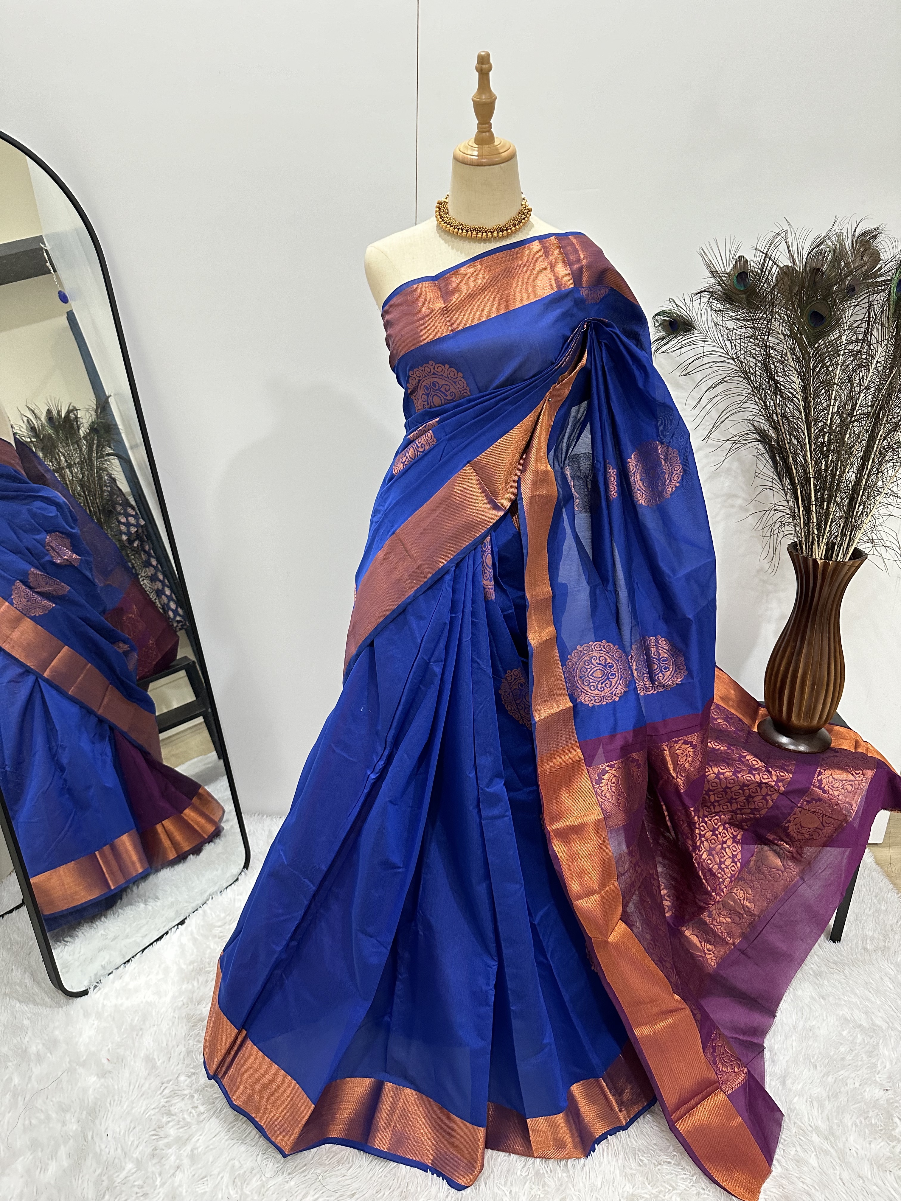 Silk Cotton Copper zari Saree - Royal Blue & Purple