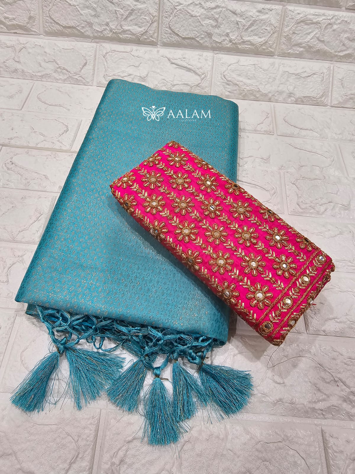 Kubera Silk Saree w Aari blouse - Light blue & Pink
