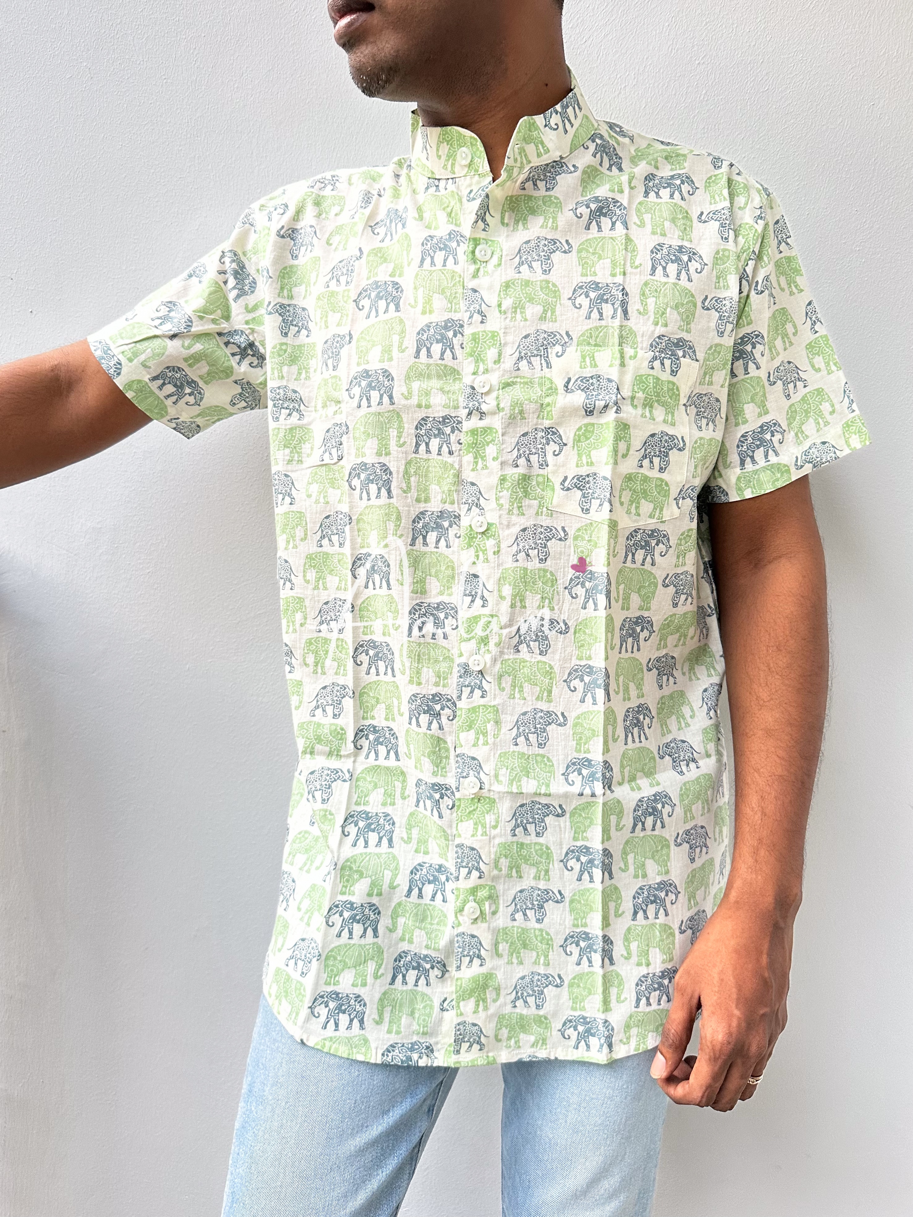 Men Short Sleeve Shirt - GreenxBlue Elephant Prints