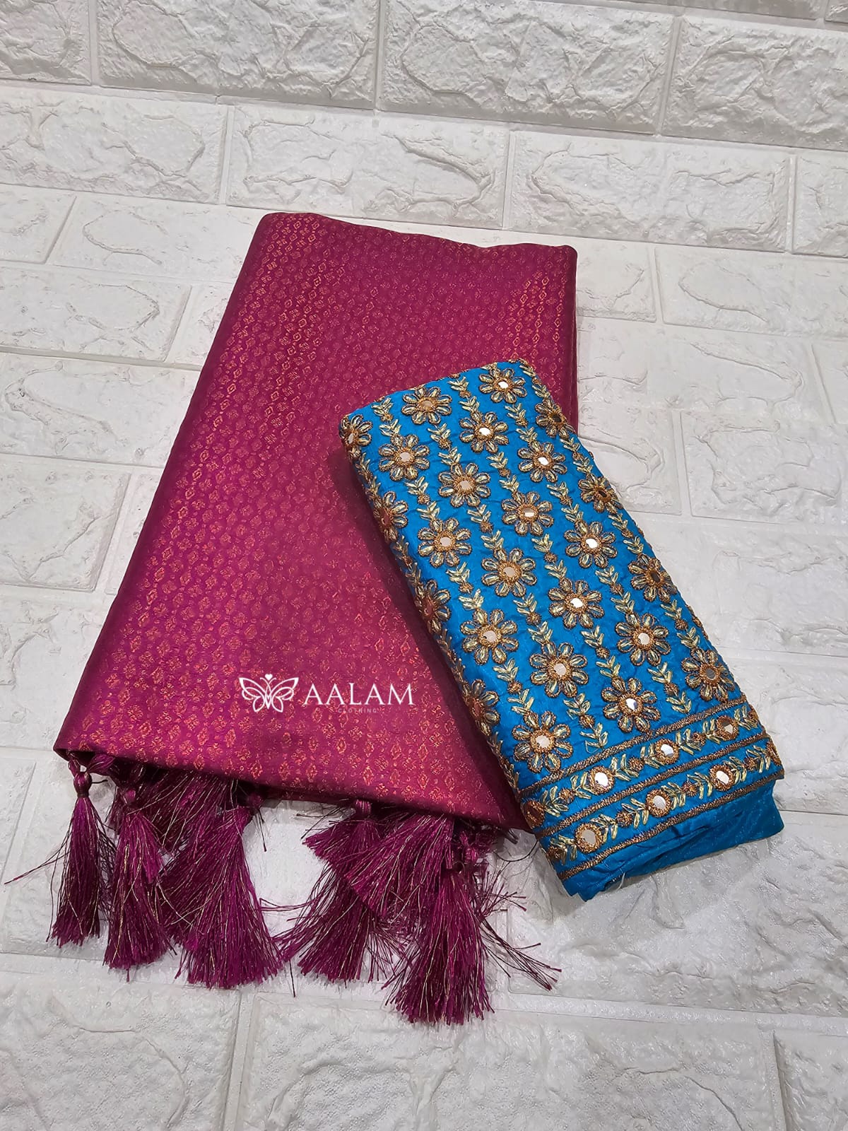 Kubera Silk Saree w Aari blouse - Magenta & Light blue