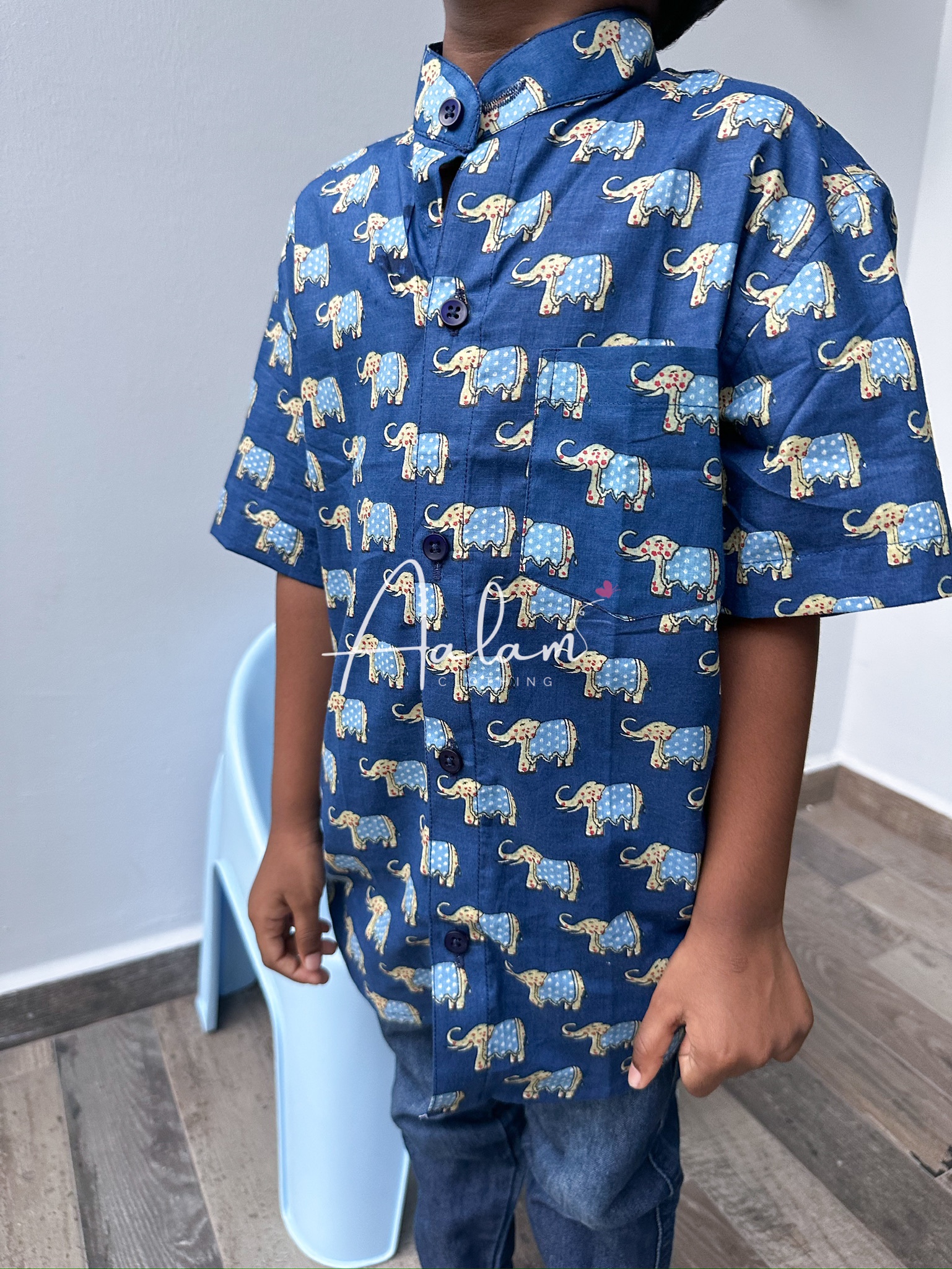 Boy Short Sleeve Shirt - Blue Elephant Prints