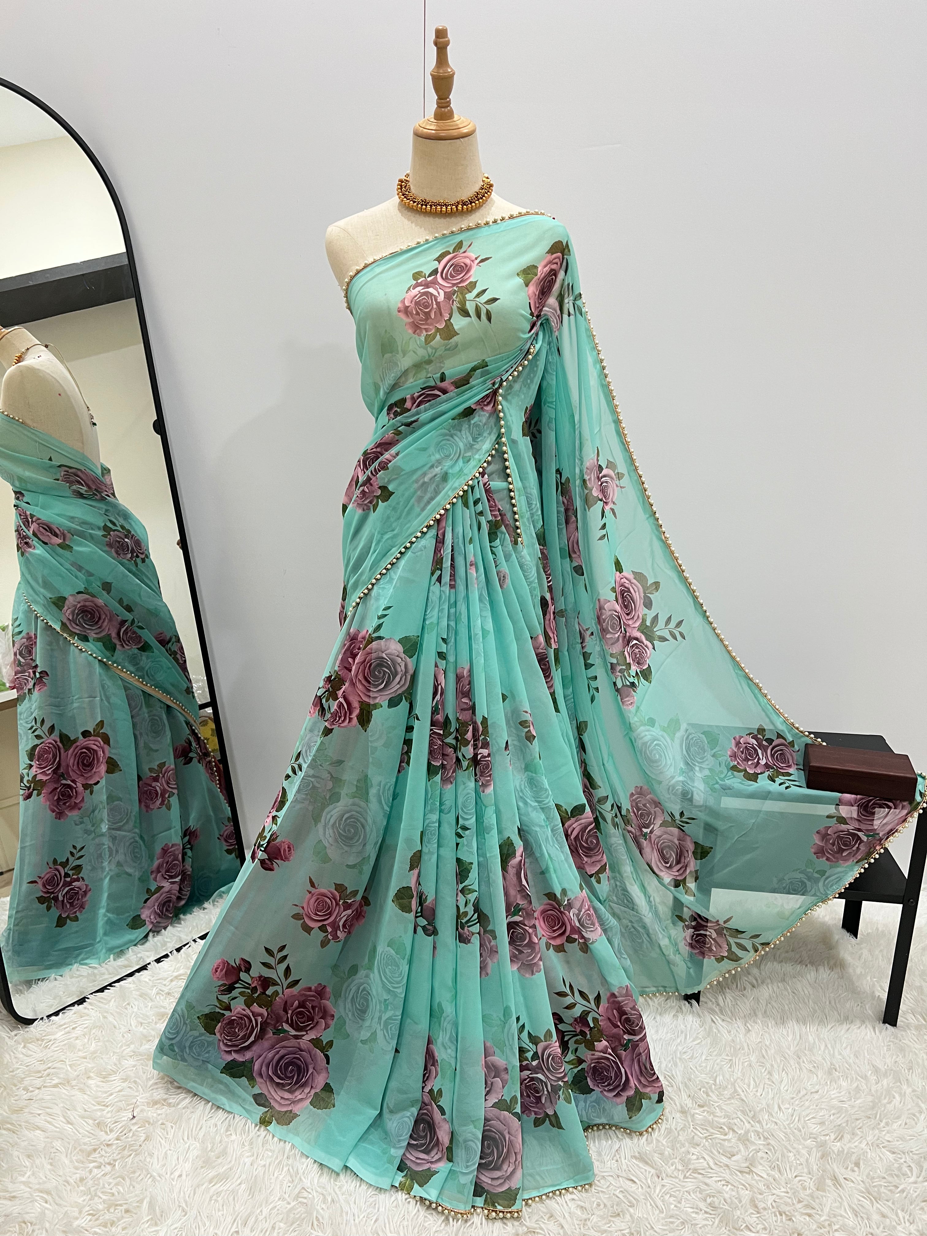 Georgette Pearl Lace Floral Saree - Summer Green