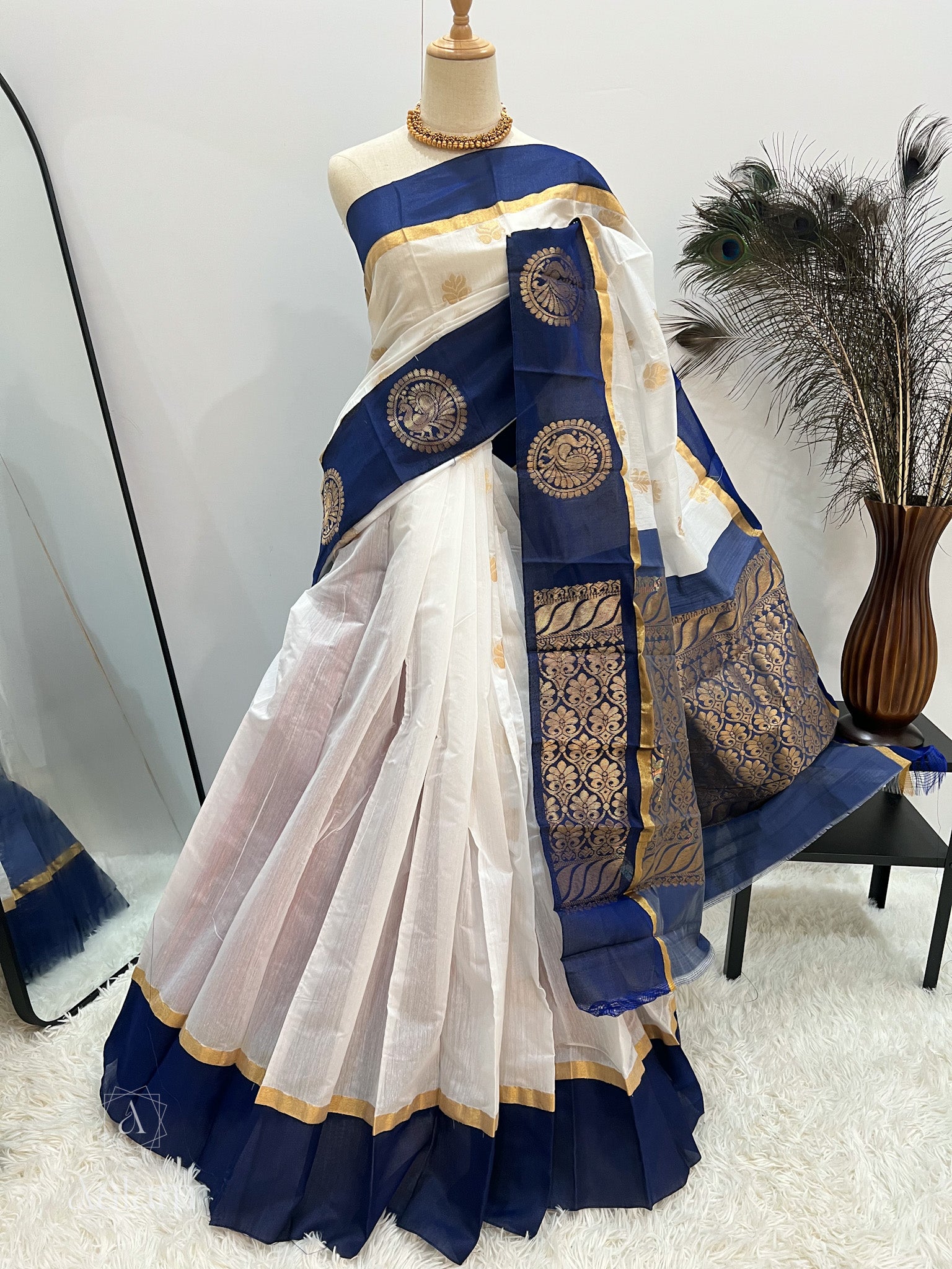 Navy blue 2024 and white saree