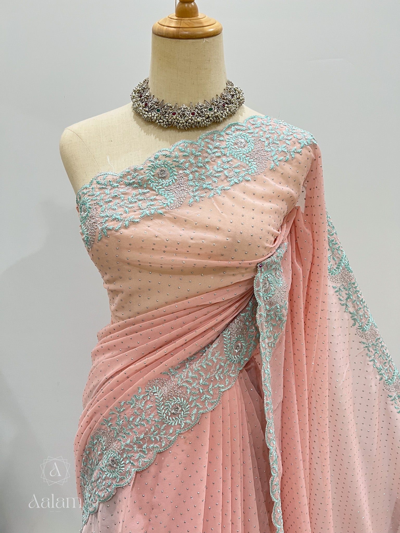 Georgette Embroidery Stone Saree - Pink & Blue