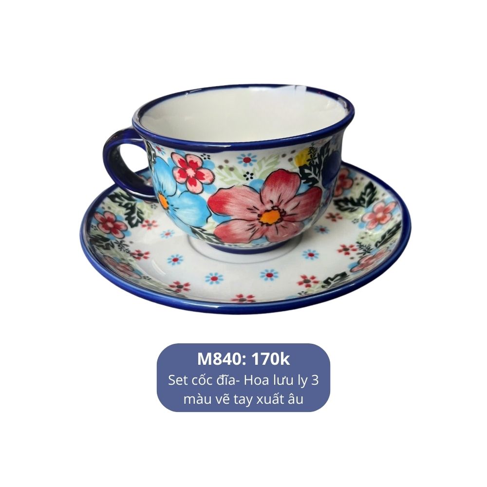 M840-Set cốc đĩa- Hoa lưu ly 3 màu xuất âu vẽ tay