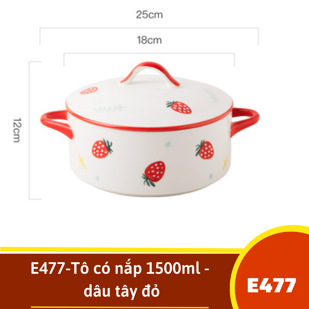E477-Tô có nắp 1500ml  - dâu tây đỏ