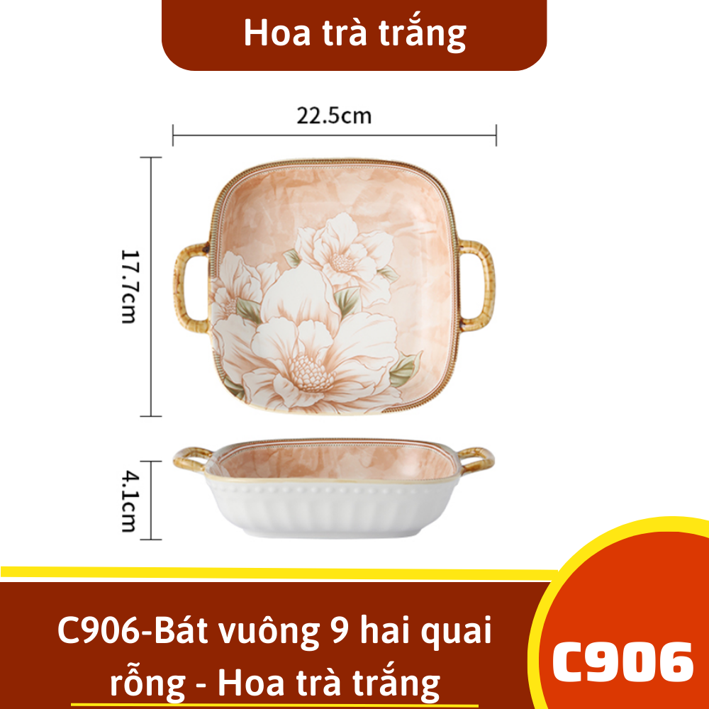 C906-Bát vuông 9 hai quai rỗng - Hoa trà trắng