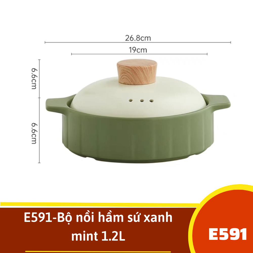 E591-Bộ nồi hầm sứ xanh mint 1.2L