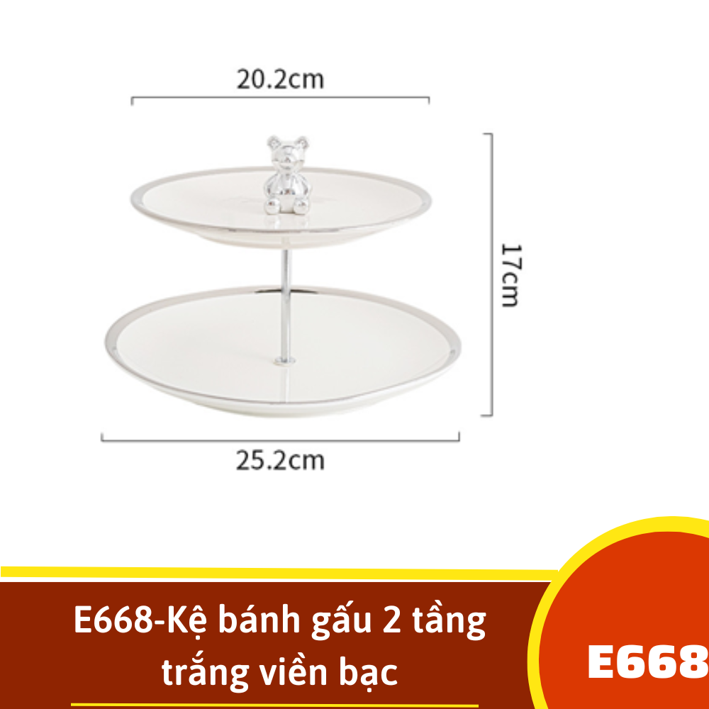 E668-Kệ bánh gấu 2 tầng trắng viền bạc