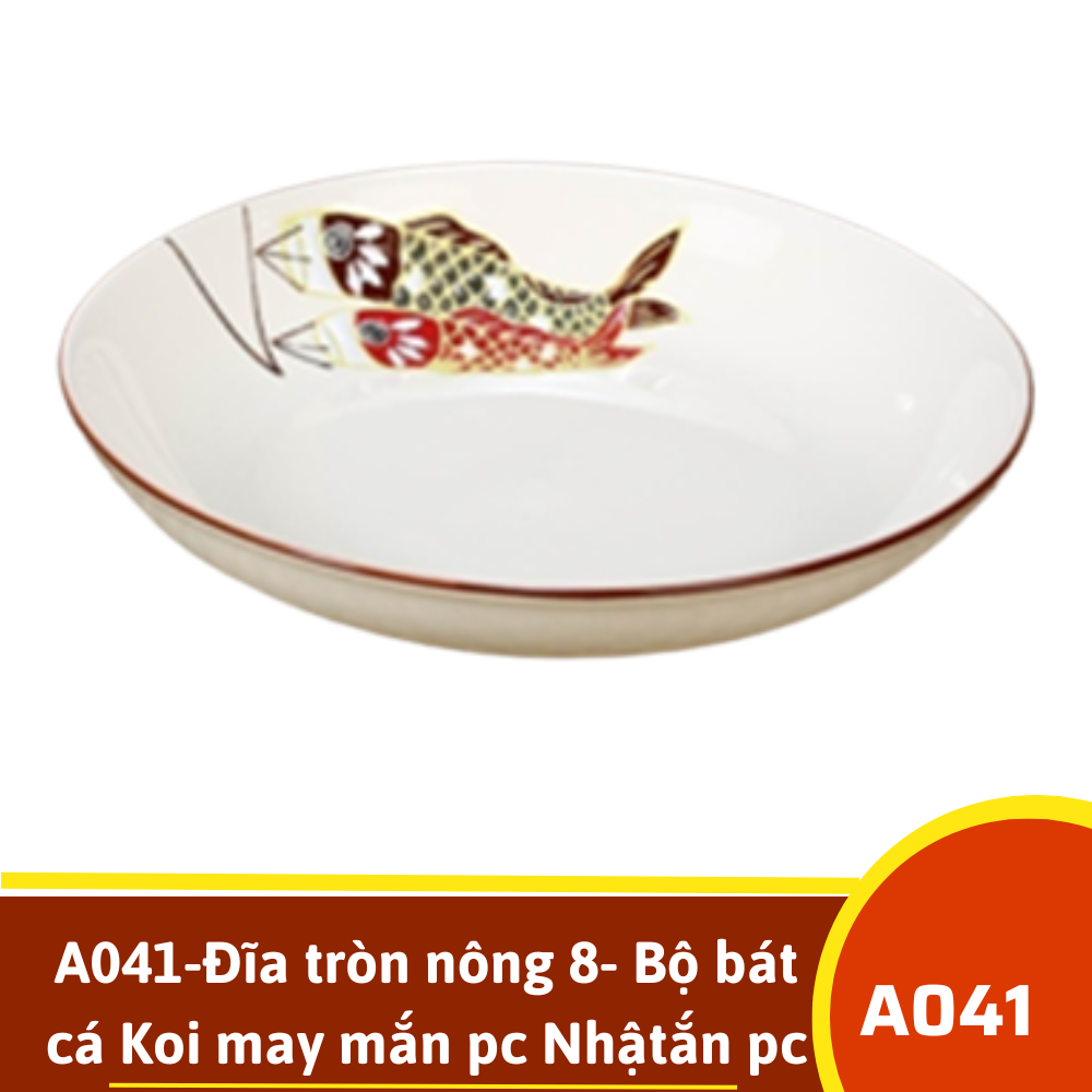 A041-Đĩa tròn nông 8- Bộ bát cá Koi may mắn pc Nhật