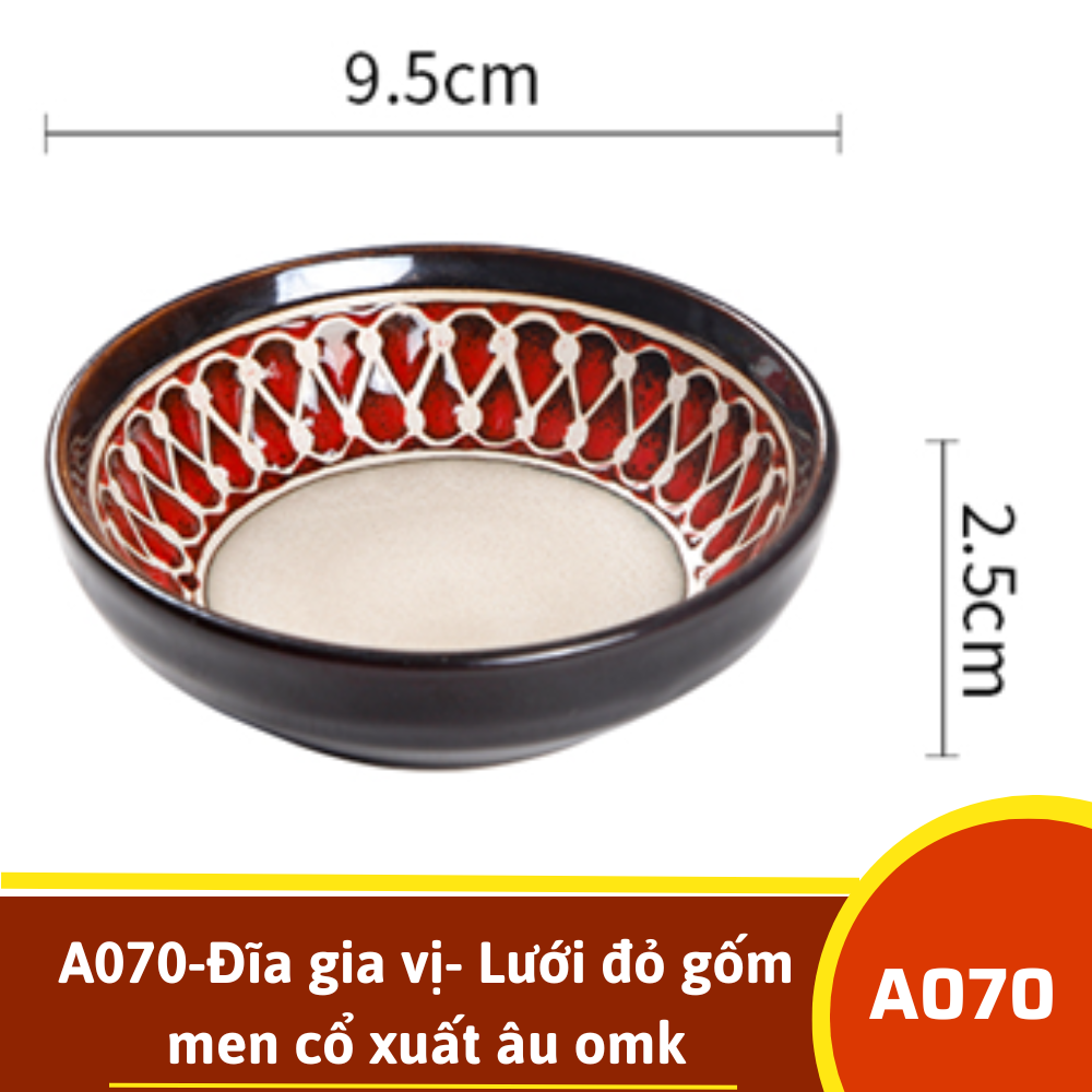 A070-Đĩa gia vị- Lưới đỏ gốm men cổ xuất âu omk