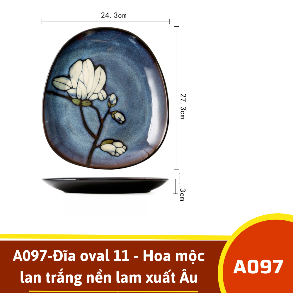 A097-Đĩa oval 11 - Hoa mộc lan trắng nền lam xuất Âu omk