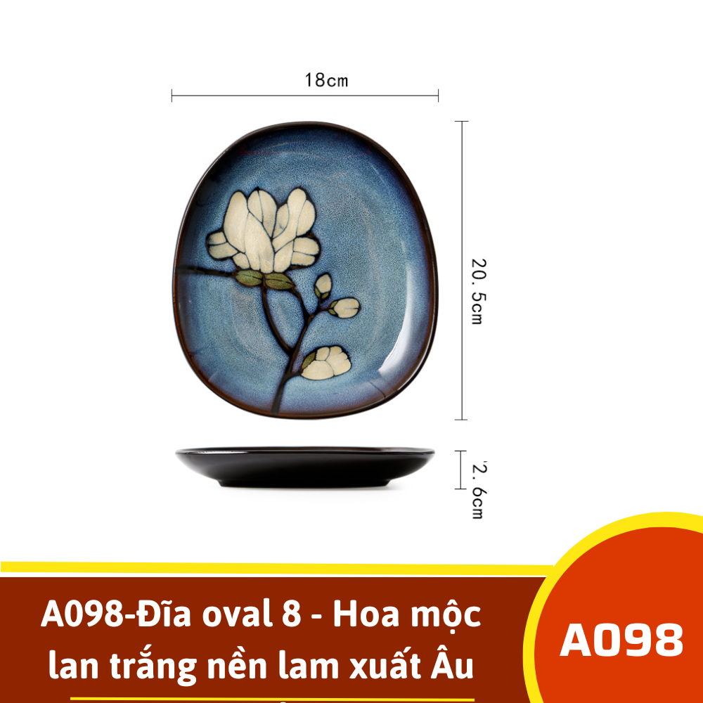 A098-Đĩa oval 8 - Hoa mộc lan trắng nền lam xuất Âu omk
