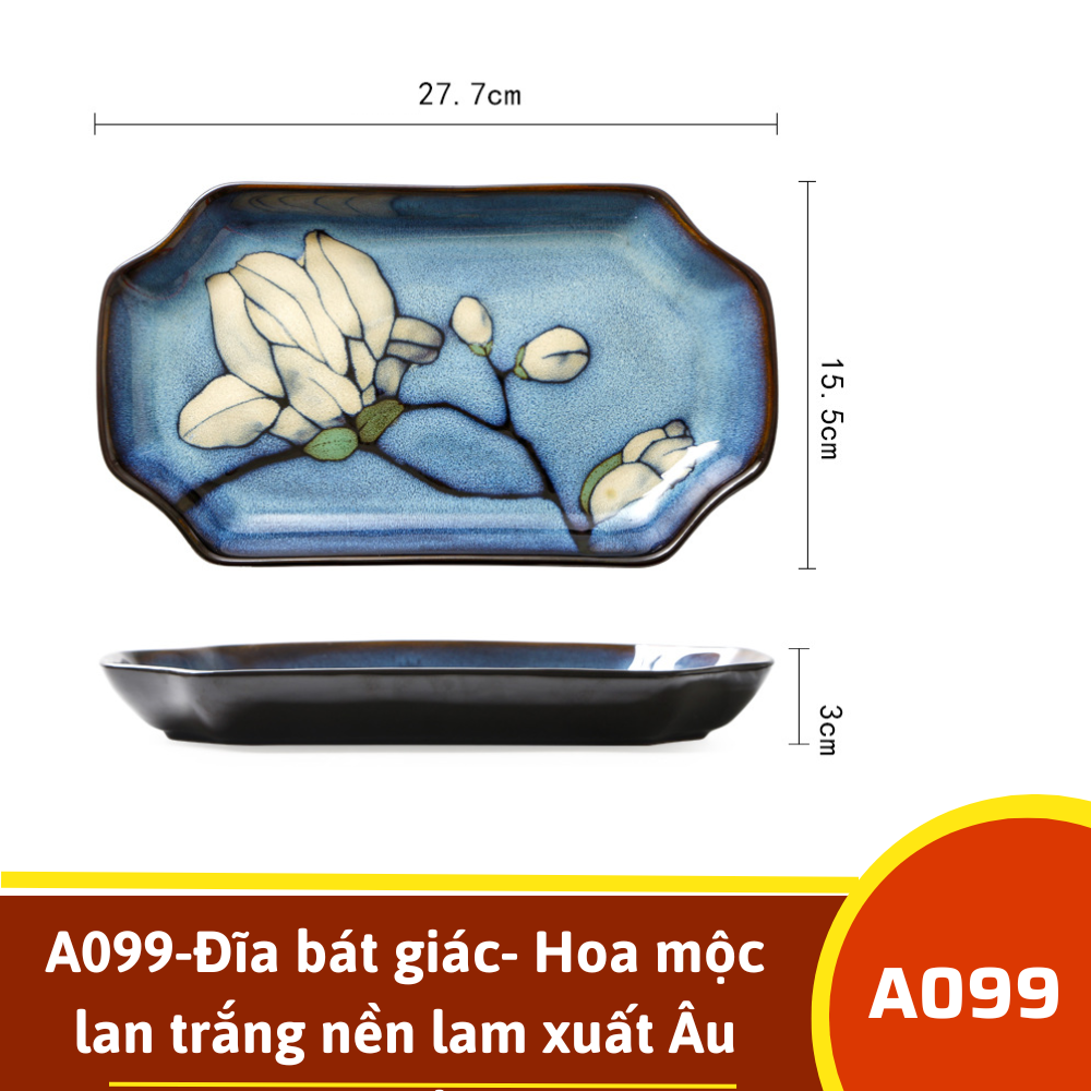 A099-Đĩa bát giác- Hoa mộc lan trắng nền lam xuất Âu omk
