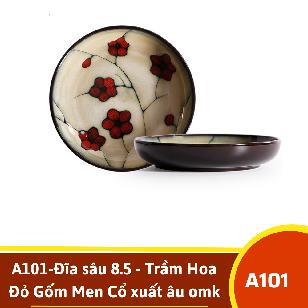 A101-Đĩa sâu 8.5 - Trầm Hoa Đỏ Gốm Men Cổ xuất âu omk