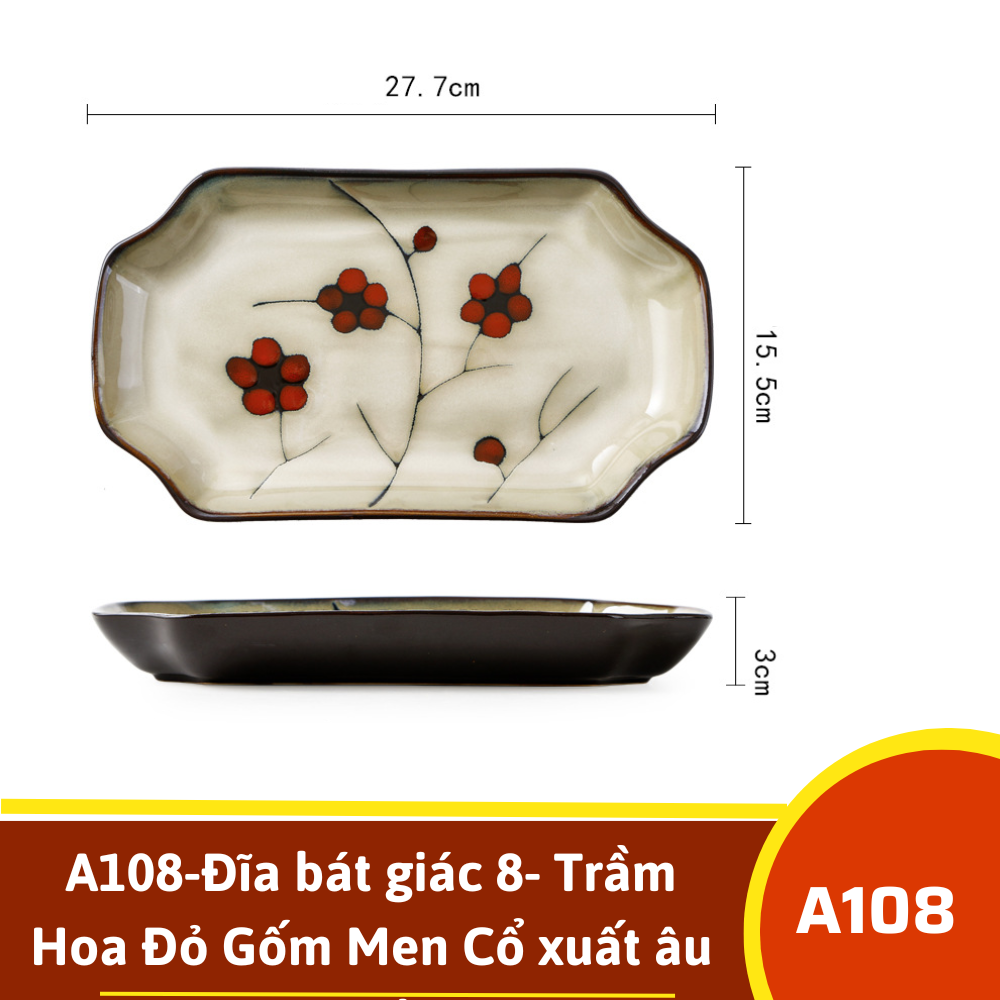 A108-Đĩa bát giác 8- Trầm Hoa Đỏ Gốm Men Cổ xuất âu omk
