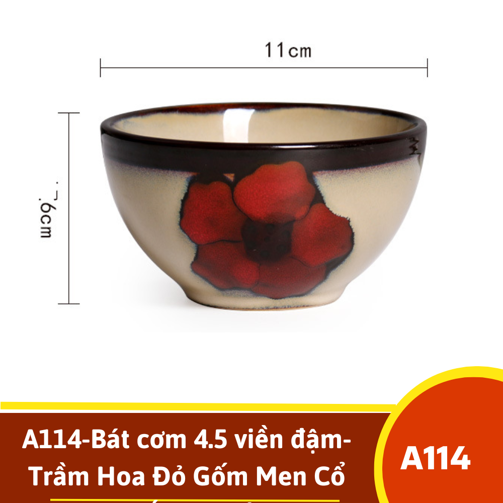 A114-Bát cơm 4.5 viền đậm- Trầm Hoa Đỏ Gốm Men Cổ xuất âu omk