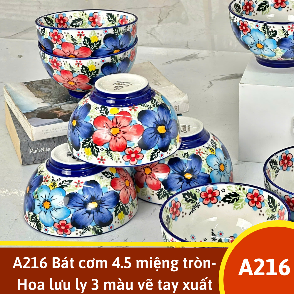 A216 Bát cơm 4.5 miệng tròn- Hoa lưu ly 3 màu vẽ tay xuất âu SAZ