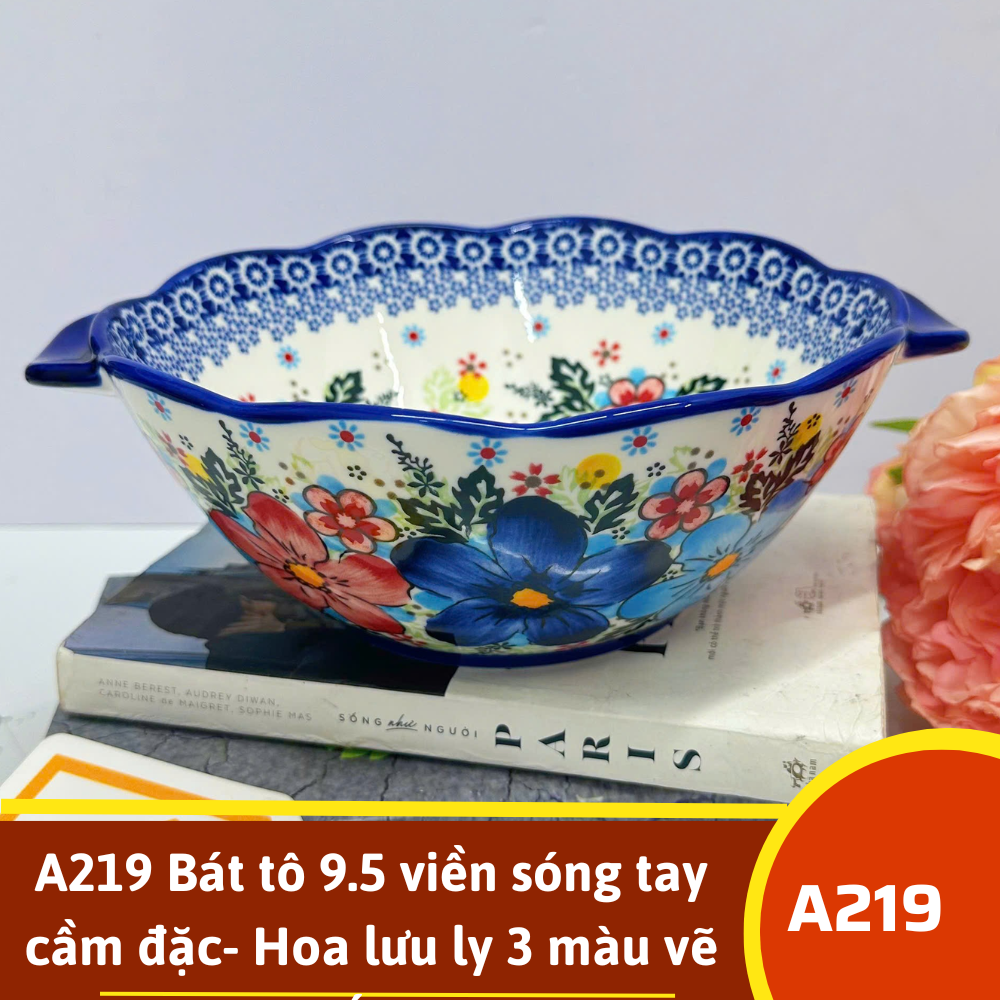 A219 Bát tô 9.5 viền sóng tay cầm đặc- Hoa lưu ly 3 màu vẽ tay xuất âu SAZ