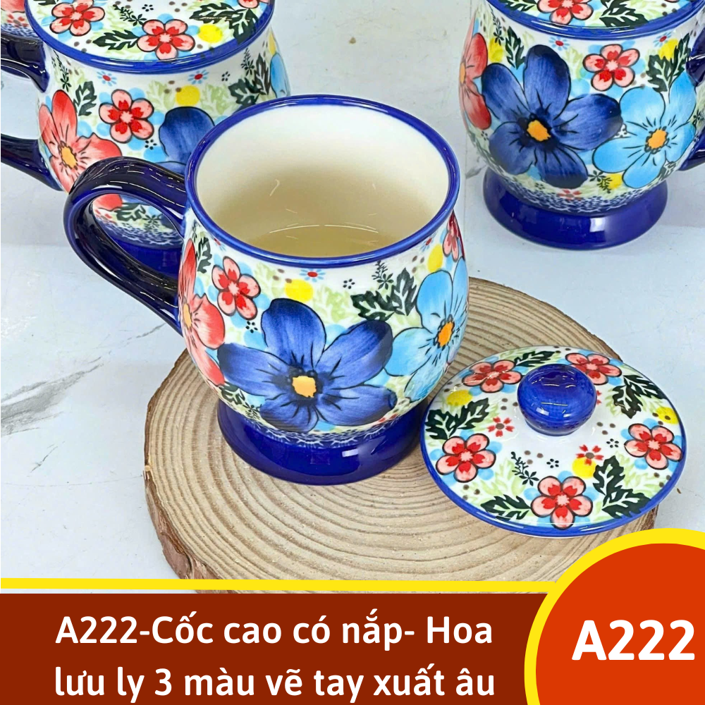 A222-Cốc cao có nắp- Hoa lưu ly 3 màu vẽ tay xuất âu SAZ