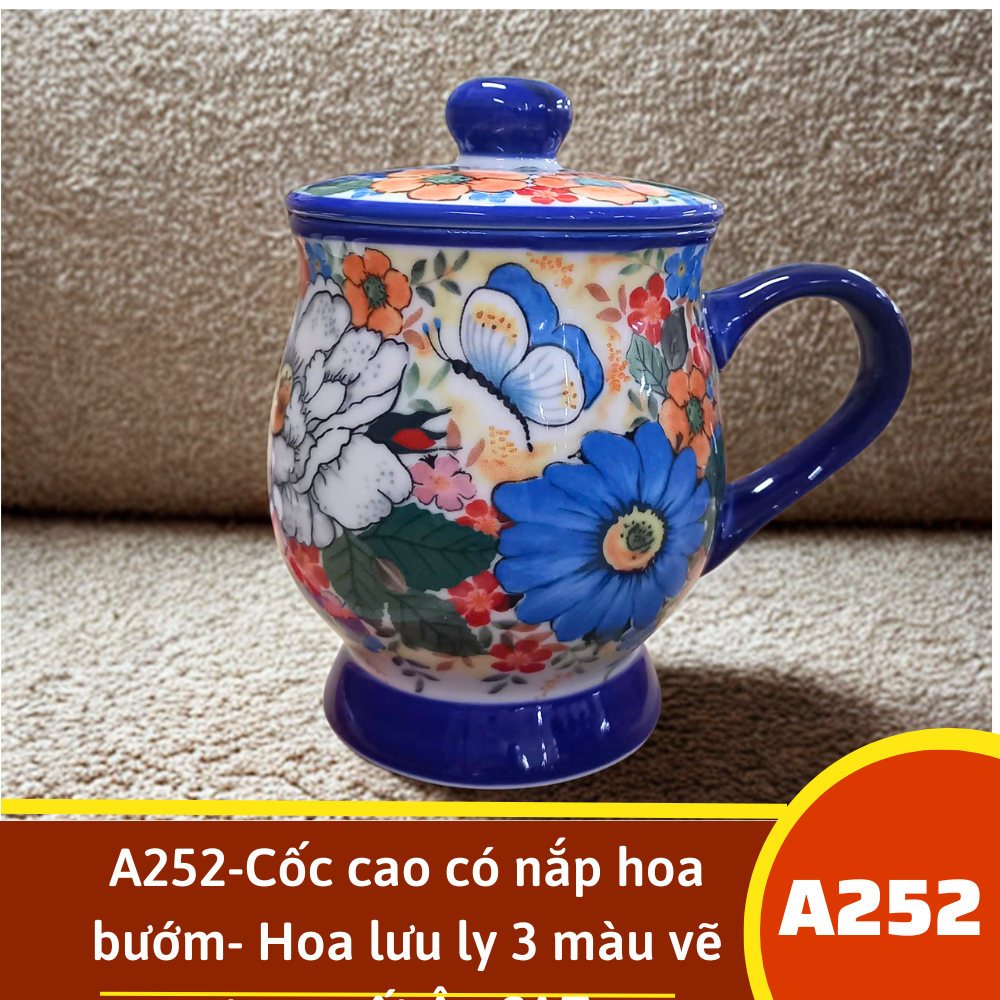 A252-Cốc cao có nắp hoa bướm- Hoa lưu ly 3 màu vẽ tay xuất Âu SAZ
