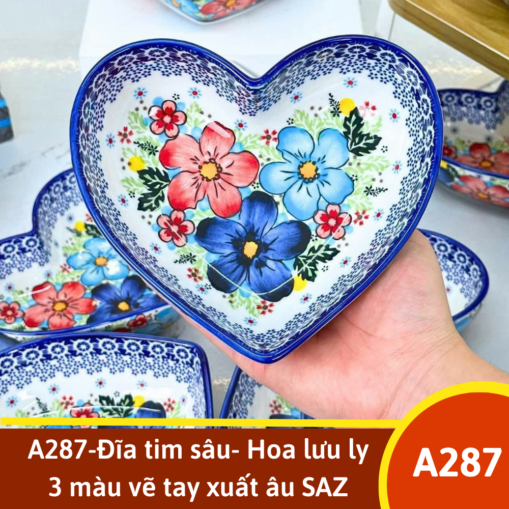 A287-Đĩa tim sâu- Hoa lưu ly 3 màu vẽ tay xuất âu SAZ