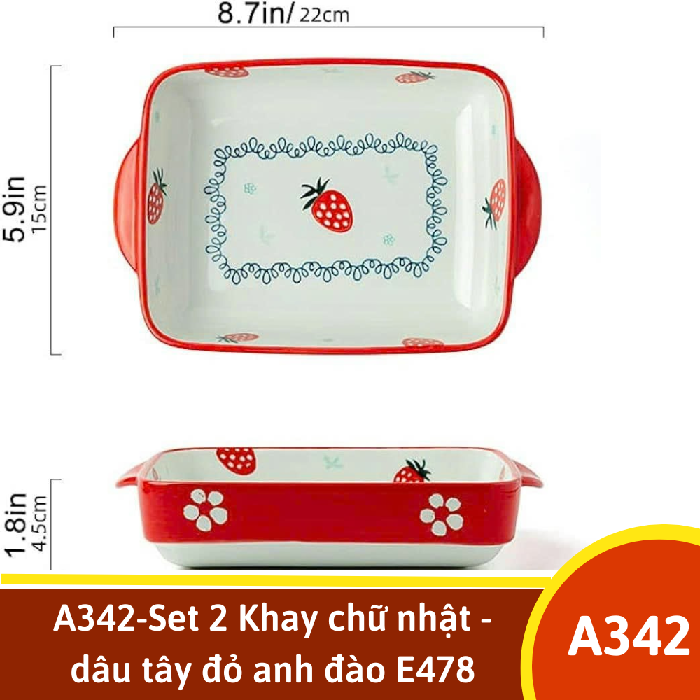 A342-Set 2 Khay chữ nhật - dâu tây đỏ anh đào E478