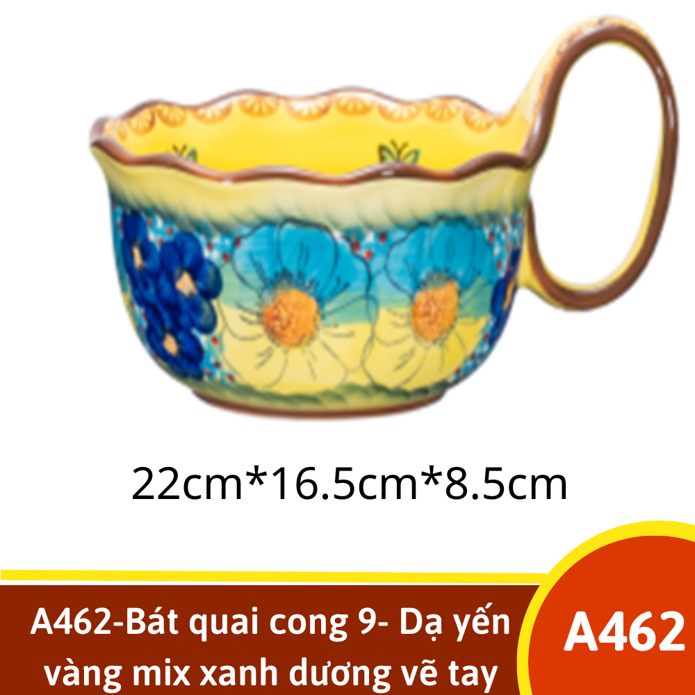 A462-Bát quai cong 9- Dạ yến vàng mix xanh dương vẽ tay xuất Âu YL