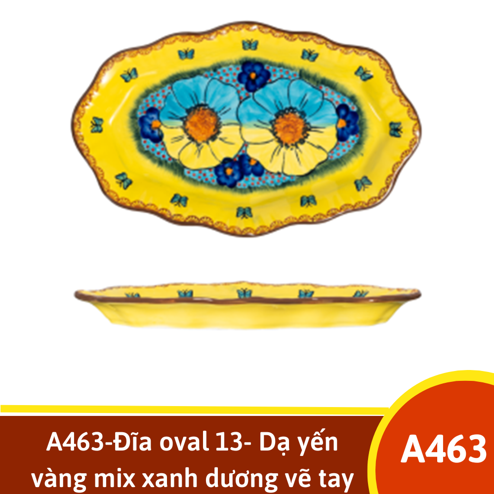 A463-Đĩa oval 13- Dạ yến vàng mix xanh dương vẽ tay xuất Âu YL