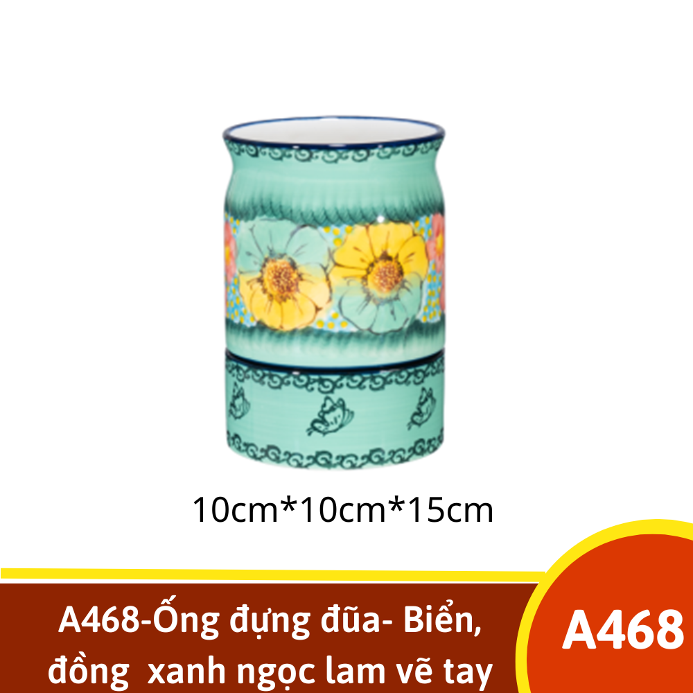 A468-Ống đựng đũa- Biển, đồng  xanh ngọc lam vẽ tay xuất Âu YL