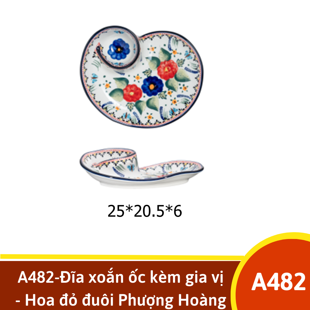 A482-Đĩa xoắn ốc kèm gia vị  - Hoa đỏ đuôi Phượng Hoàng vẽ tay xuất Âu YL