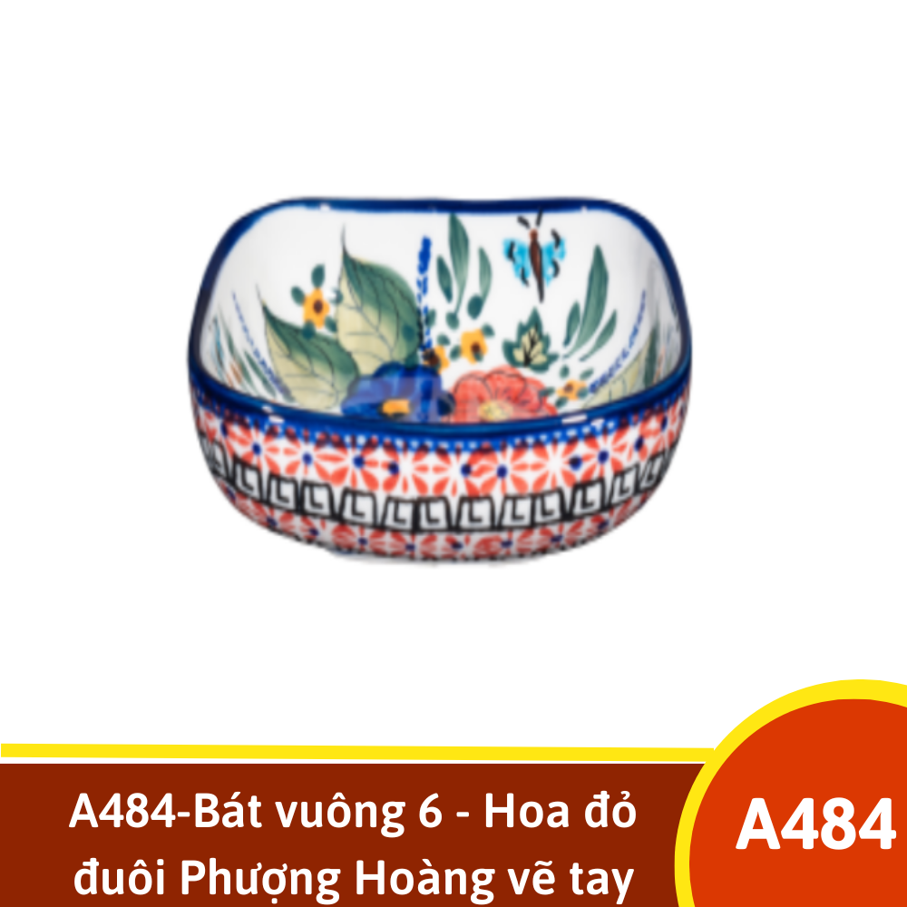 A484-Bát vuông 6 - Hoa đỏ đuôi Phượng Hoàng vẽ tay xuất Âu YL