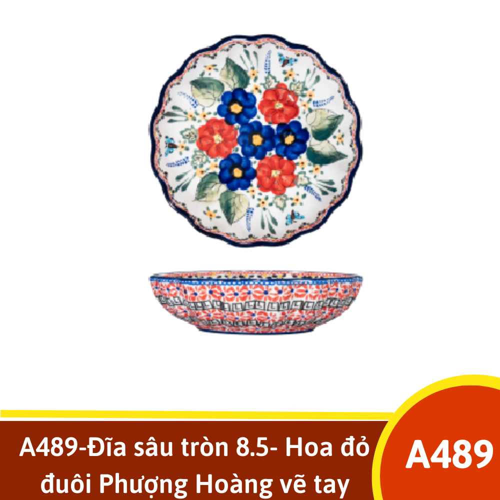 A489-Đĩa sâu tròn 8.5- Hoa đỏ đuôi Phượng Hoàng vẽ tay xuất Âu YL